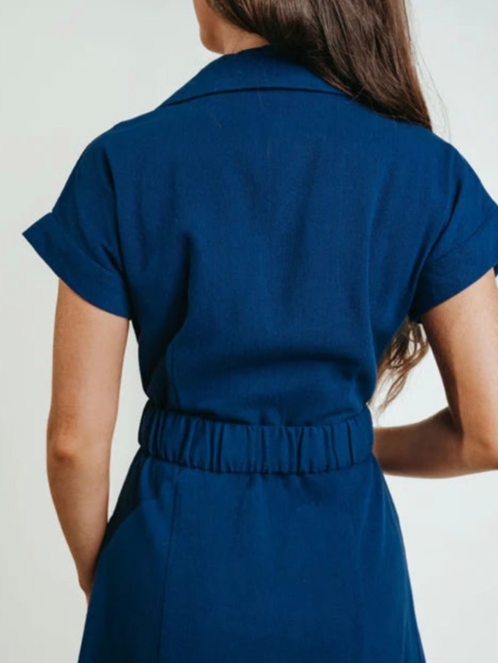 LAROQUE ALY BLUE COTTON TWILL COLLARED BELTED SHORT SLEEVE MIDI DRESS - Picture 2 of 16